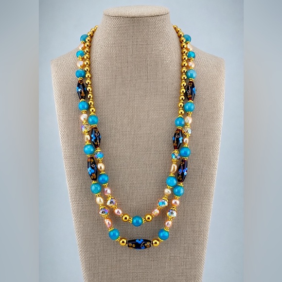 Jewelry - Artisan Venetian Wedding Cake Lampwork, Aqua, Freshwater Pearls